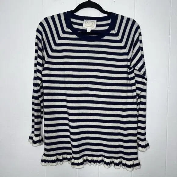 Sail To Sable STS Women’s 100% Cashmere Striped Sweater Navy Blue Nautical L - Picture 1 of 6
